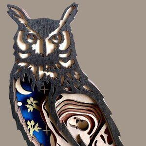Owl Night Baby Scene Bird of Prey Multilayer Wood Wooden 3D Figure Diorama New